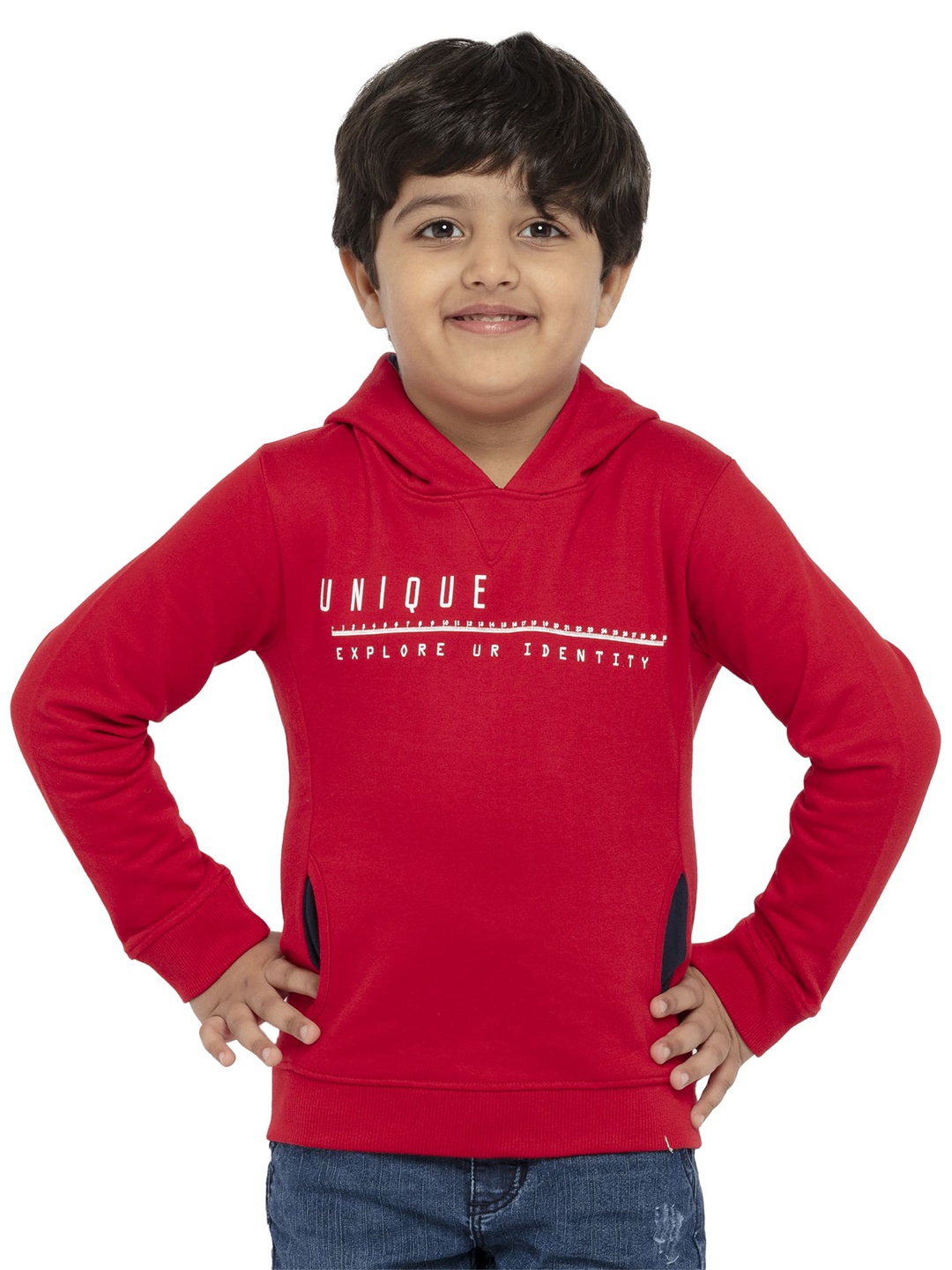 

UNDER FOURTEEN ONLY Boys Red Hooded Cotton Sweatshirt