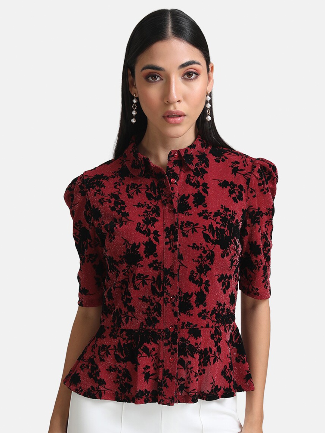 

Kazo Women Maroon Classic Slim Fit Floral Party Shirt