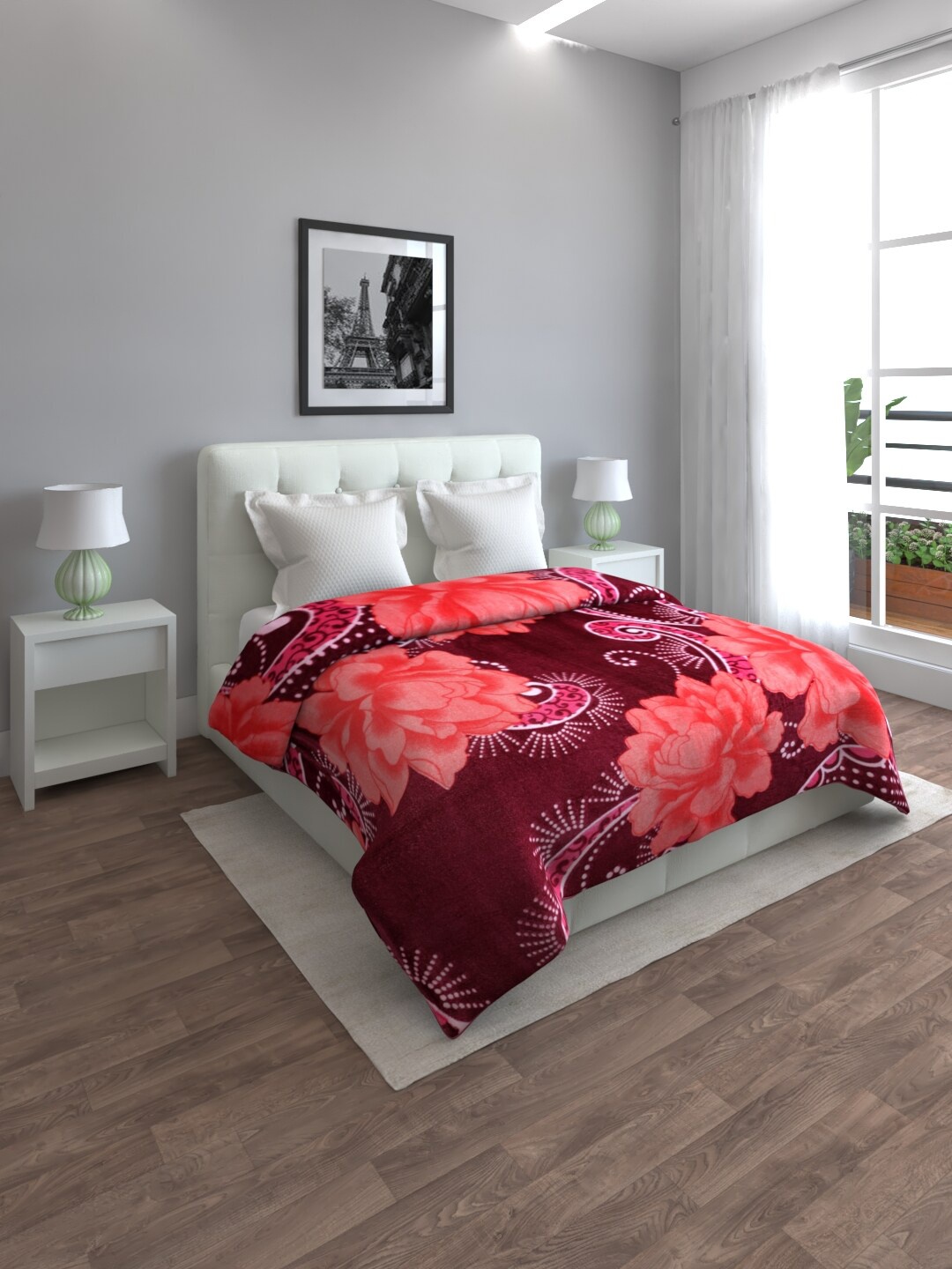 

ROMEE Maroon & Pink Floral Printed Mink Mild Winter Single Bed Blanket