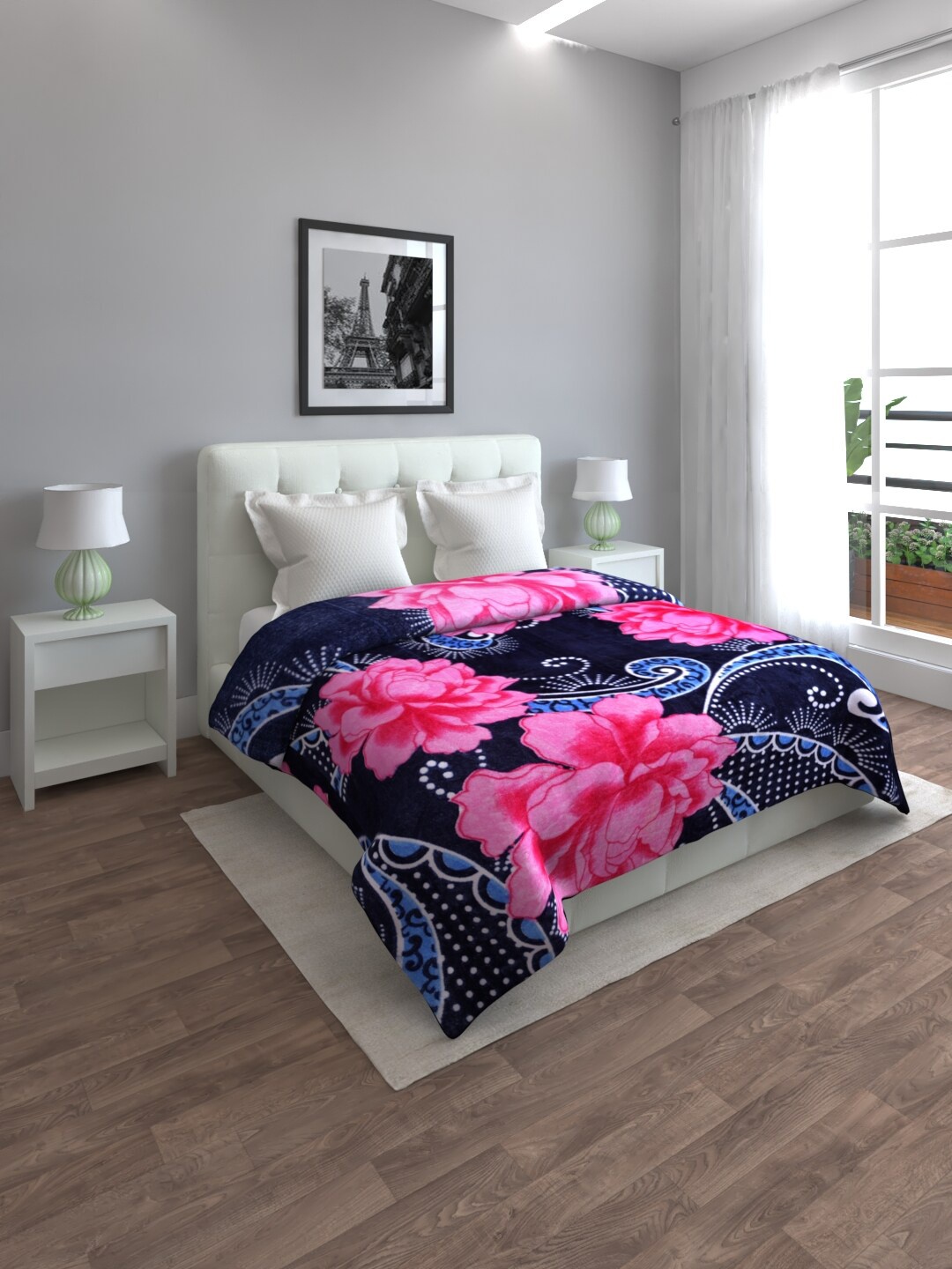 

ROMEE Blue & Pink Printed Mink Mild Winter Double Bed Blanket