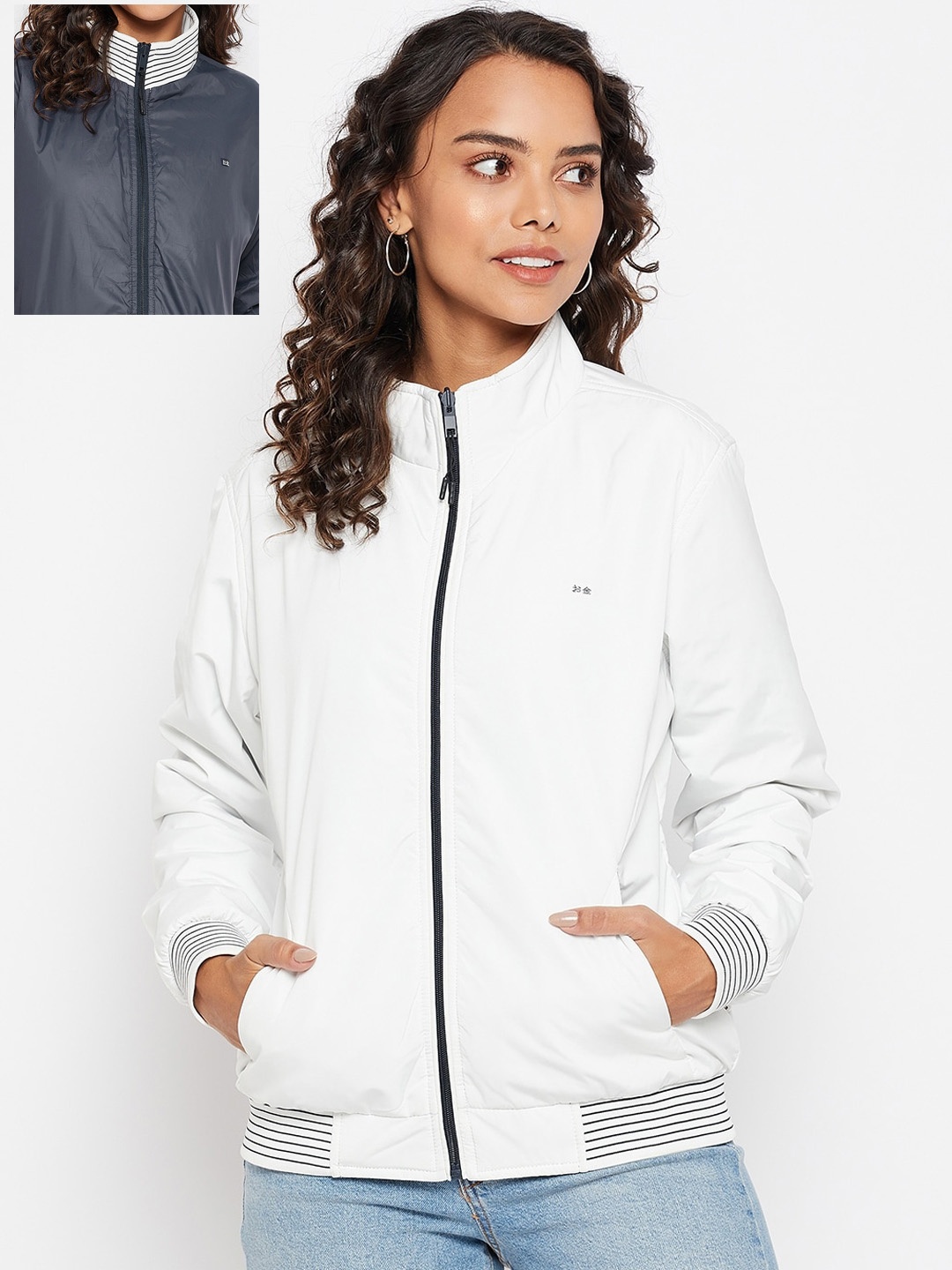 

Okane Women White Blue Geometric Reversible Bomber Jacket