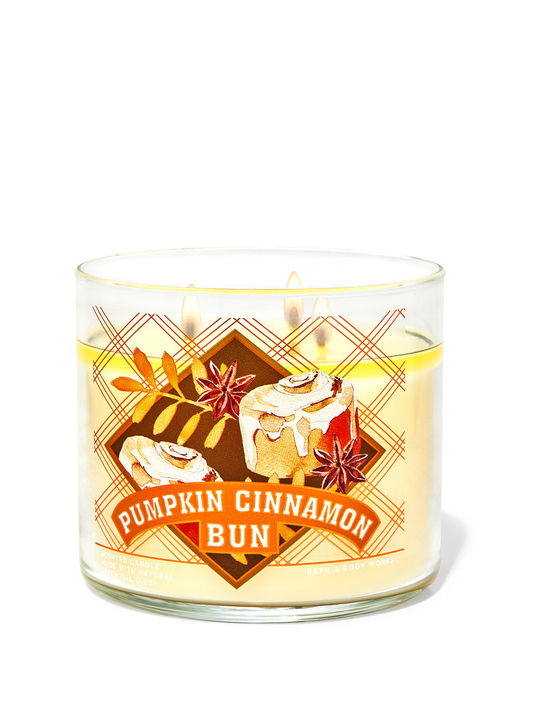 

Bath & Body Works Pumpkin Cinnamon Bun 3-Wick Scented Candle with Essential Oils - 411g, Yellow