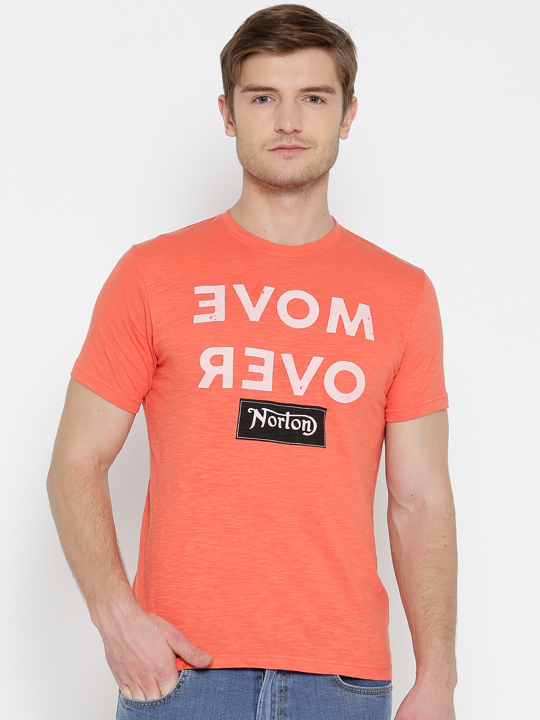 

Pepe Jeans Men Coral Orange Printed Round Neck T-shirt