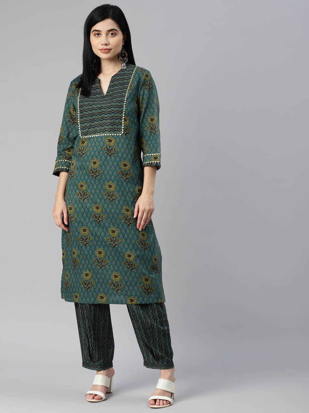 

YELLOW PARROT Women Teal Green Ethnic Motifs Printed Pure Cotton Kurta with Trousers