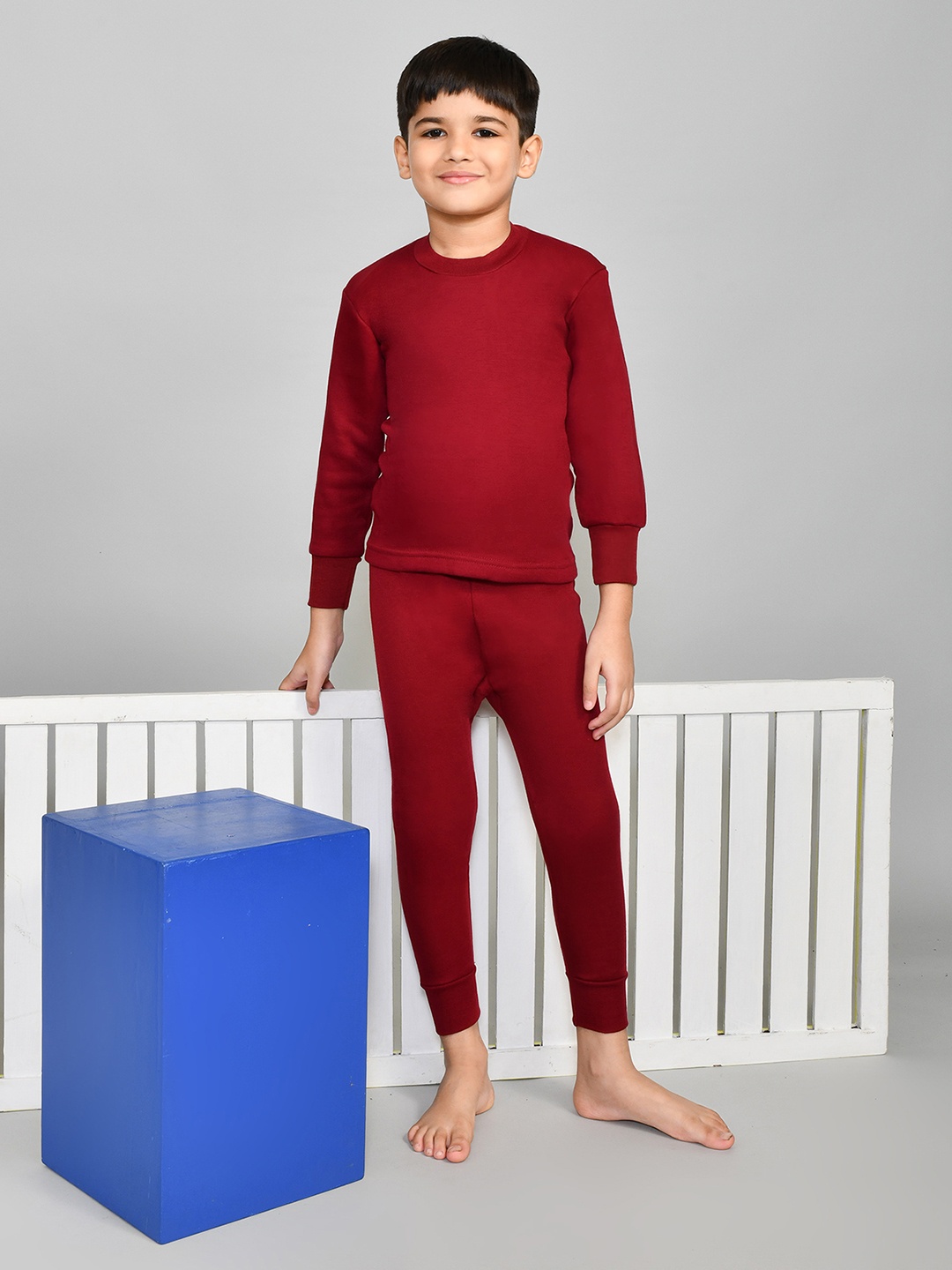 Lux Cottswool Boys Maroon Red Solid Cotton Thermal Set