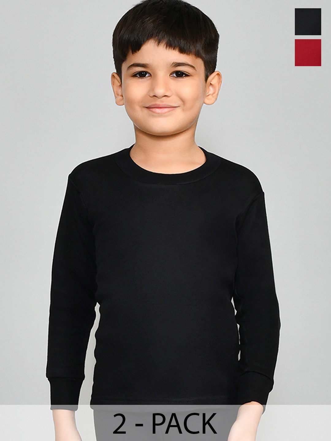 

Lux Cottswool Boys Pack Of 2 Black And Maroon Solid Cotton Thermal Tops