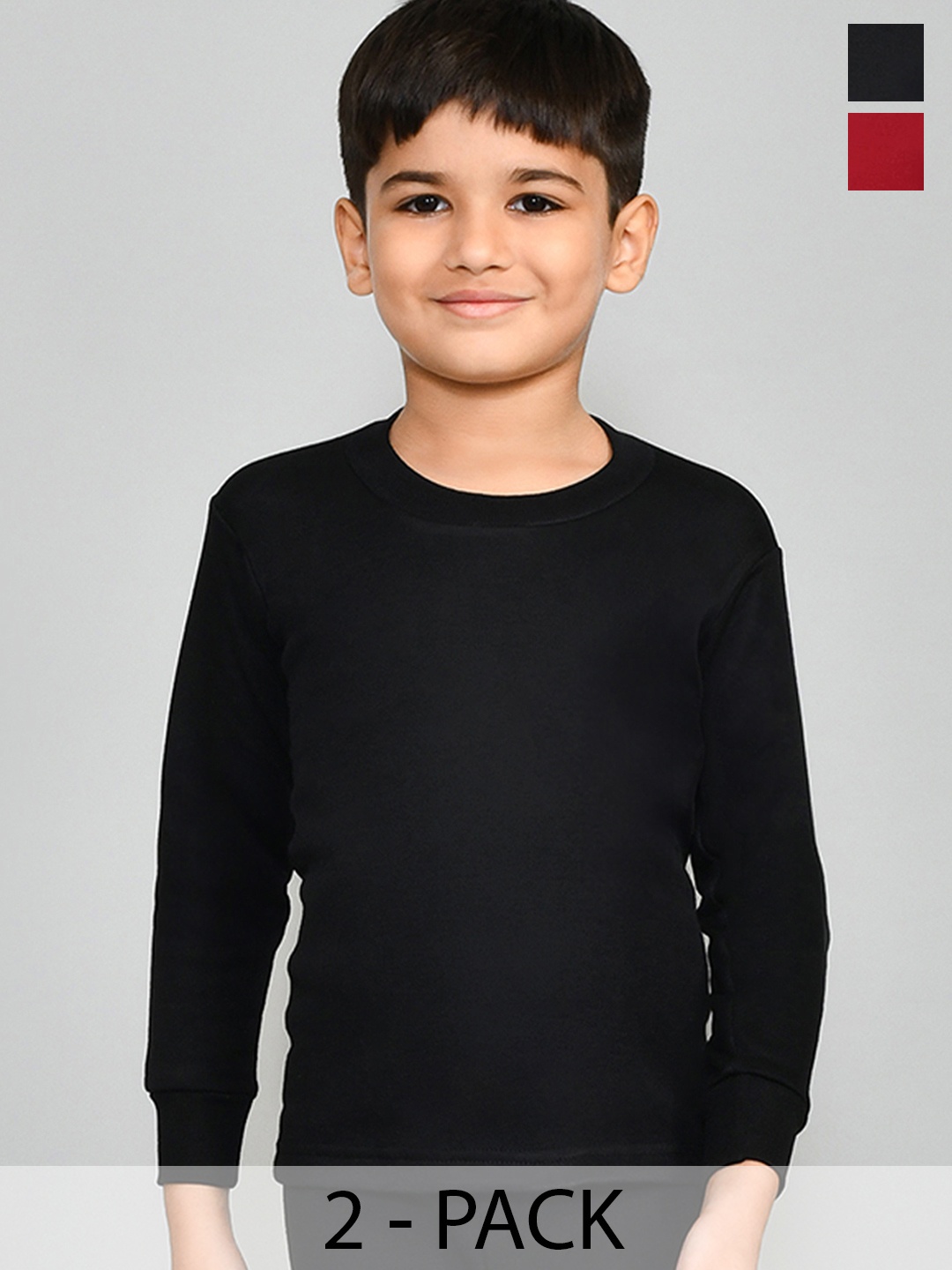 

Lux Cottswool Boys Pack Of 2 Black & Maroon Solid Cotton Thermal Tops