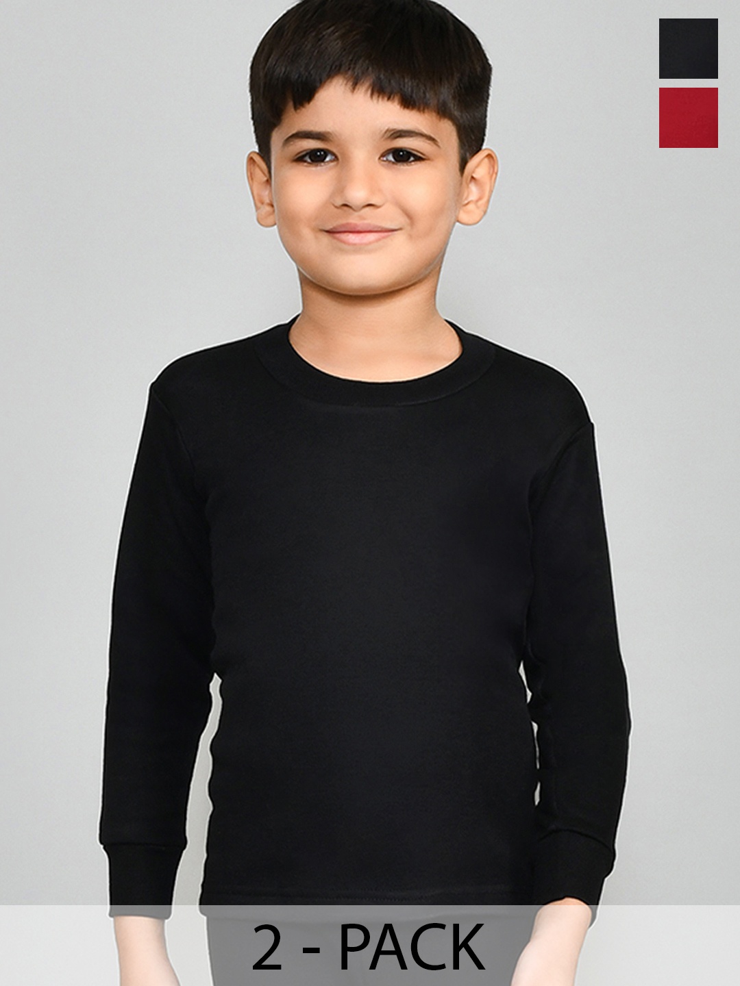 

Lux Cottswool Boys Pack Of 2 Black & Maroon Solid Cotton Thermal Tops