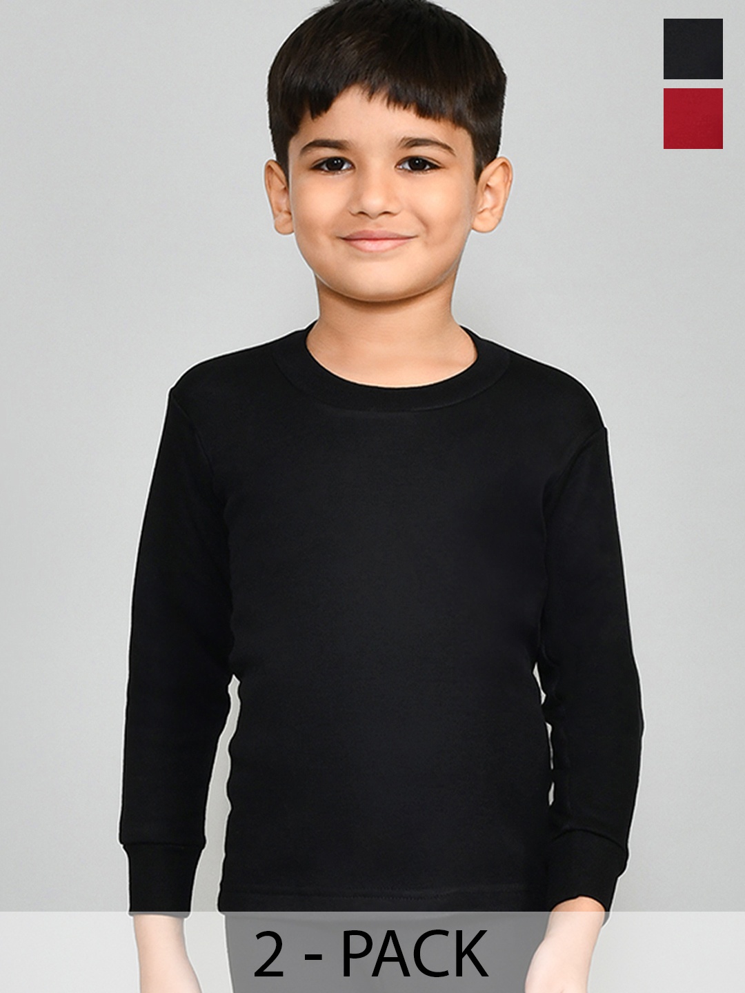 

Lux Cottswool Boys Pack Of 2 Black & Maroon Solid Cotton Thermal Tops