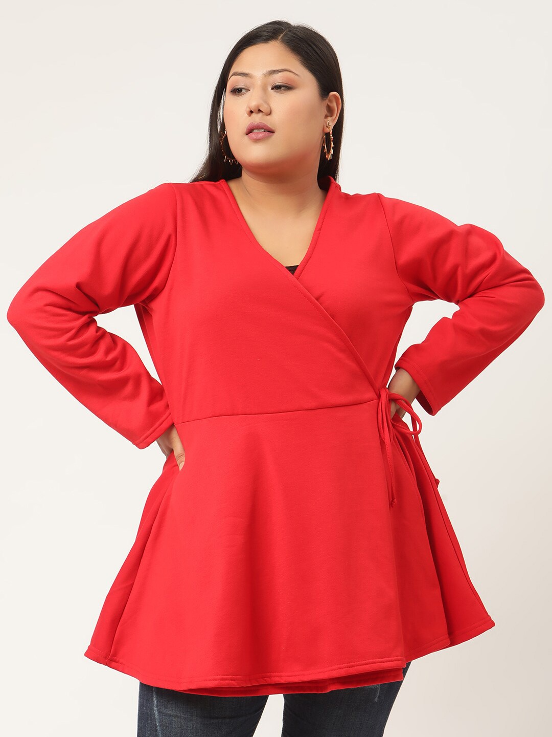 

theRebelinme Women Red Solid Peplum Tie-Ups Longline Top