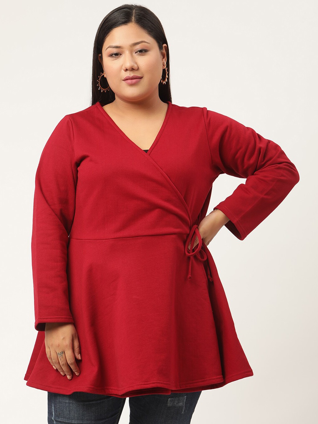 

theRebelinme Women Maroon Solid Tie-Ups Peplum Longline Top