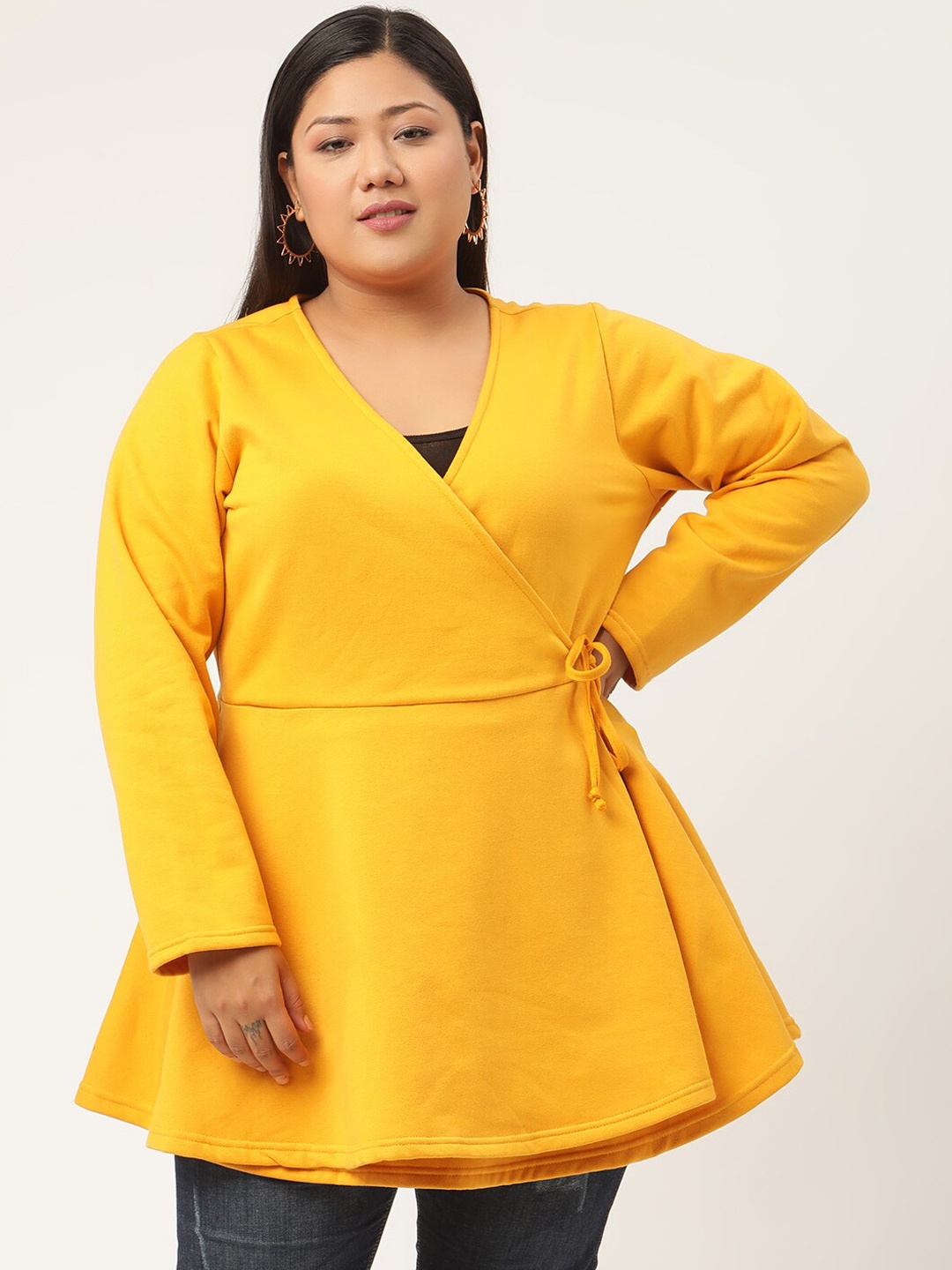 

theRebelinme Women Mustard Yellow Solid Peplum Longline Top