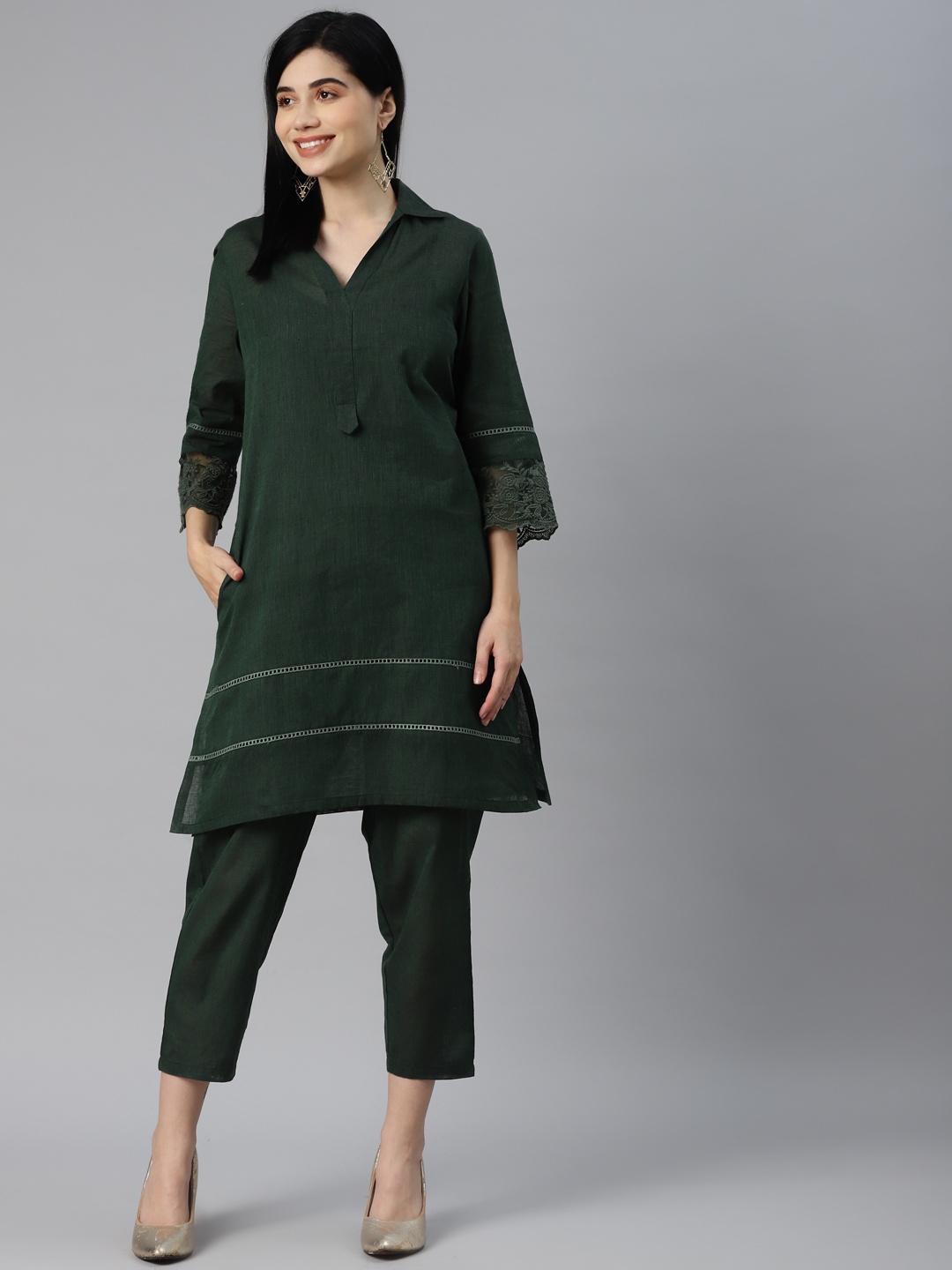 

YELLOW PARROT Women Green Solid Pure Cotton Kurta with Trousers