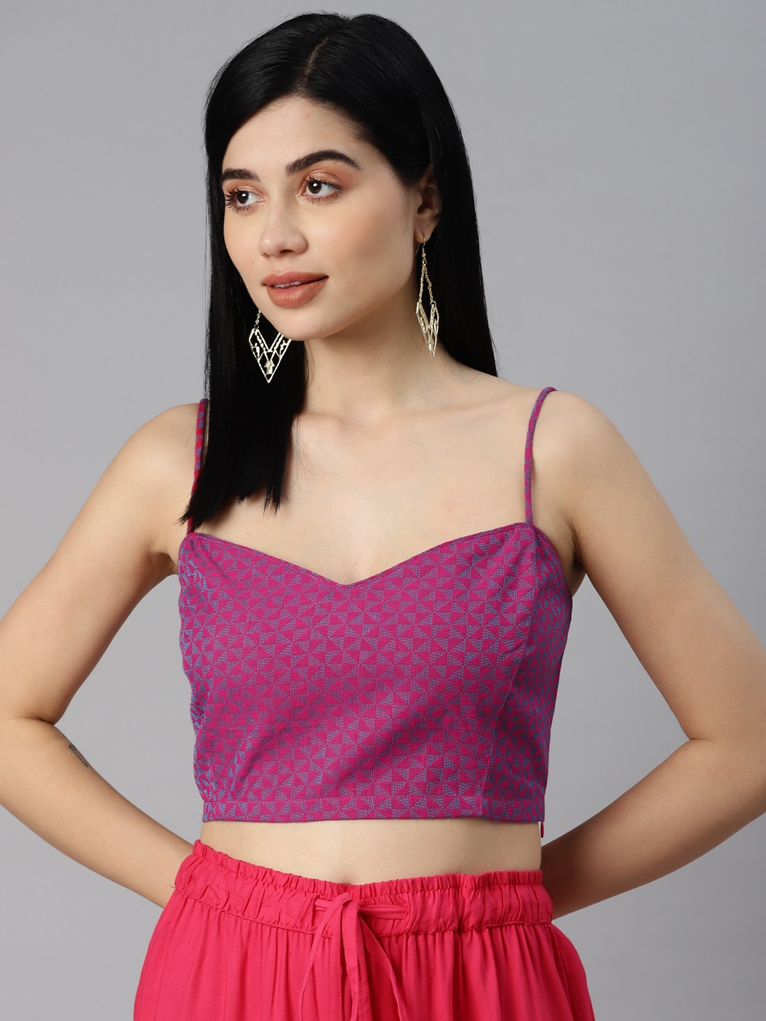 

YELLOW PARROT Women Pink & Blue Woven Design Fusion Saree Blouse
