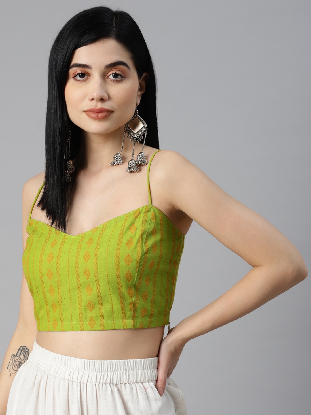 

YELLOW PARROT Women Lime Green & Orange Woven Design Fusion Saree Blouse