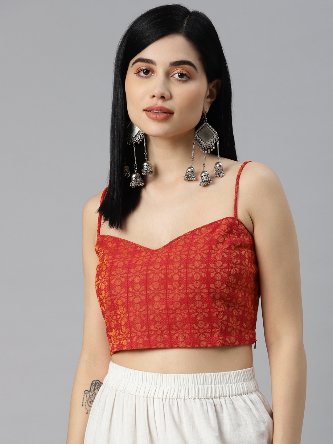 

YELLOW PARROT Women Red & Yellow Woven Design Fusion Saree Blouse