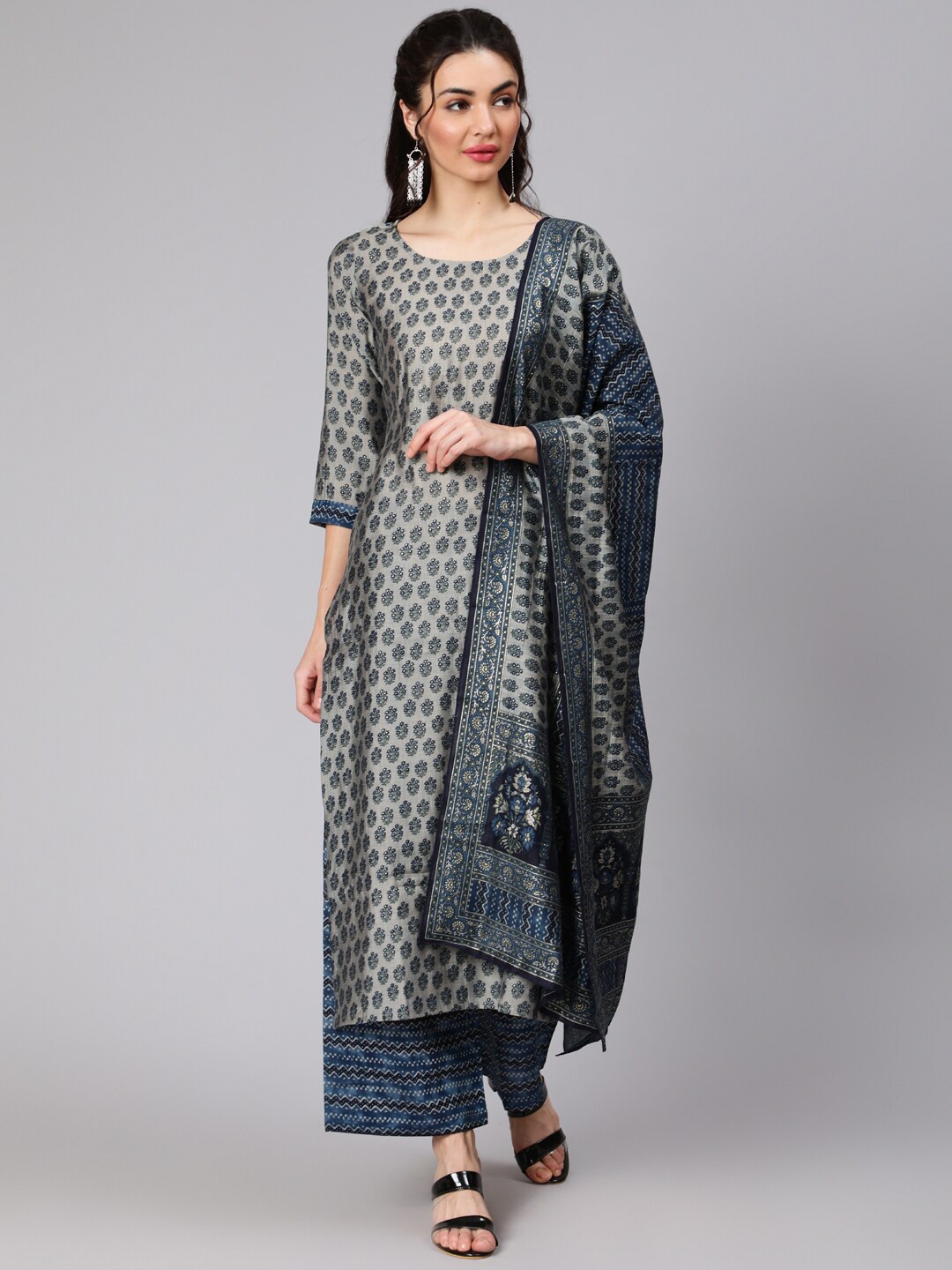 

AASI - HOUSE OF NAYO Women Grey & Blue Floral Printed Kurta with Palazzos & With Dupatta