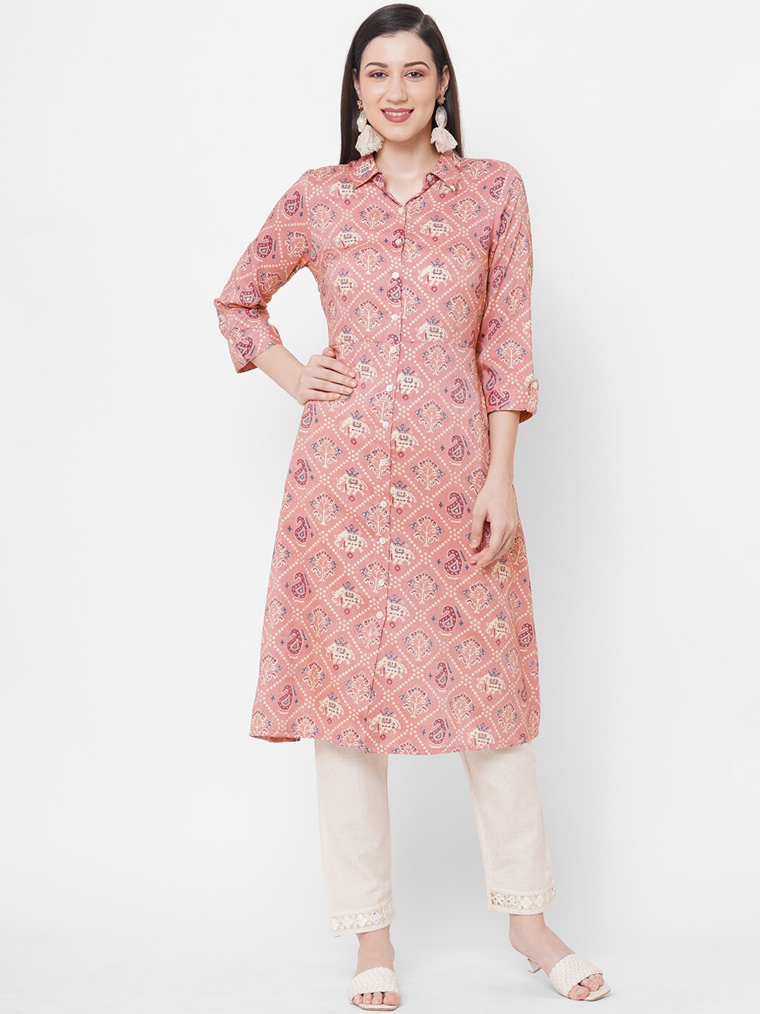 

Fusion Beats Women Pink & Cream-Coloured Paisley Printed Kurta