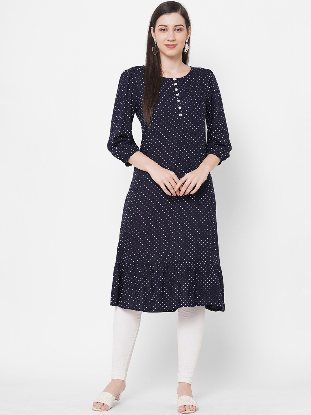 

Fusion Beats Women Blue & White Polka Dot Printed Thread Work Kurta