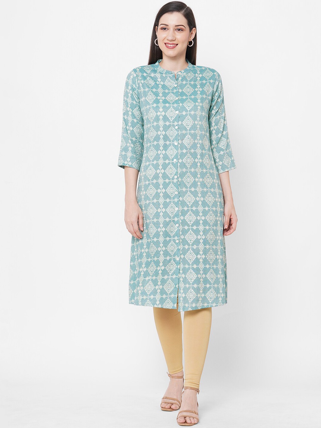 

Fusion Beats Women Blue & Off White Ethnic Motifs Printed Kurta