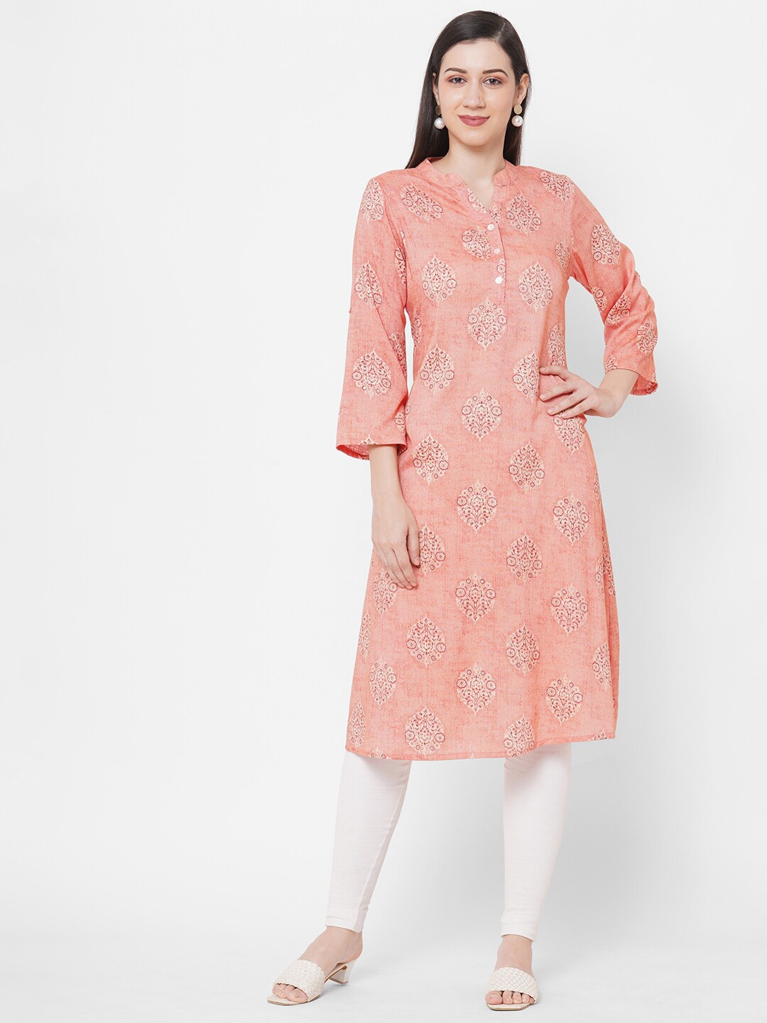 

Fusion Beats Women Peach-Coloured Ethnic Motifs Printed Kurta