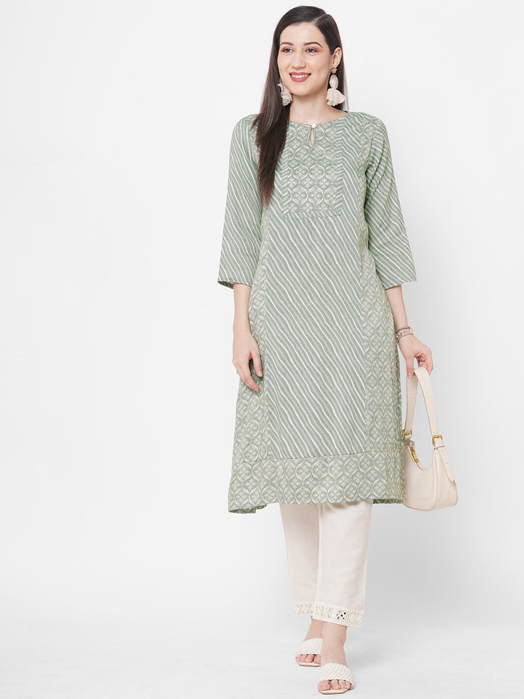 

Fusion Beats Women Grey & Gold-Toned Ethnic Motifs Printed Keyhole Neck Kurta