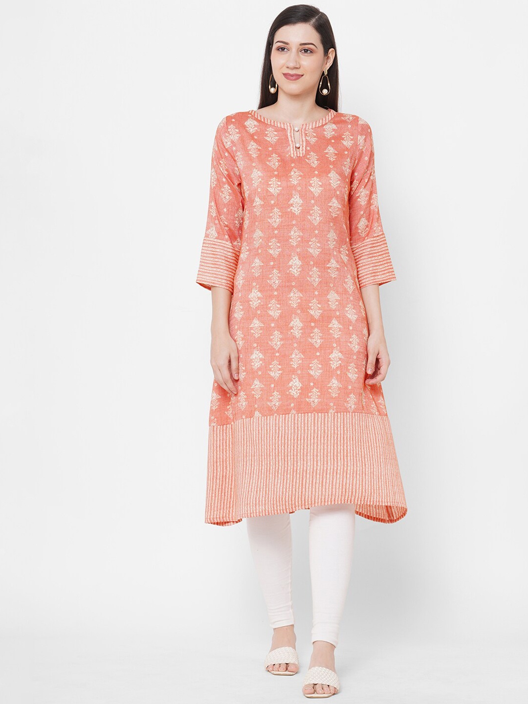 

Fusion Beats Women Peach-Coloured & Cream-Coloured Ethnic Motifs Printed Kurta