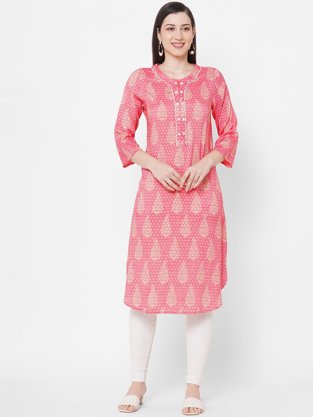 

Fusion Beats Women Peach-Coloured & Cream-Coloured Ethnic Motifs Printed Kurta