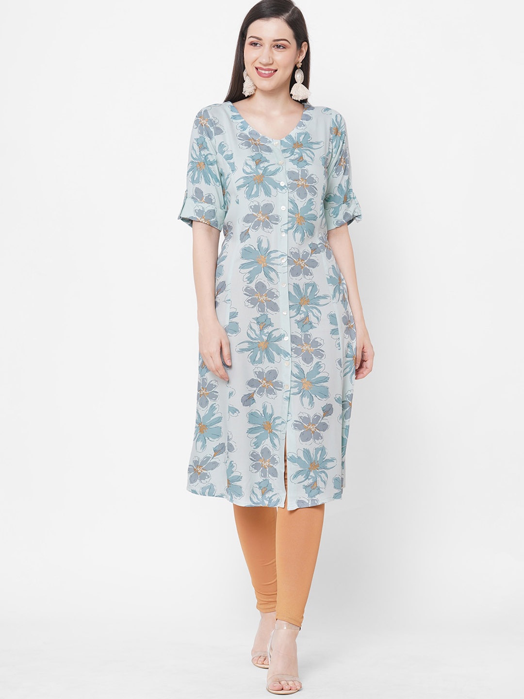 

Fusion Beats Round Neck Floral Printed Kurta, Grey