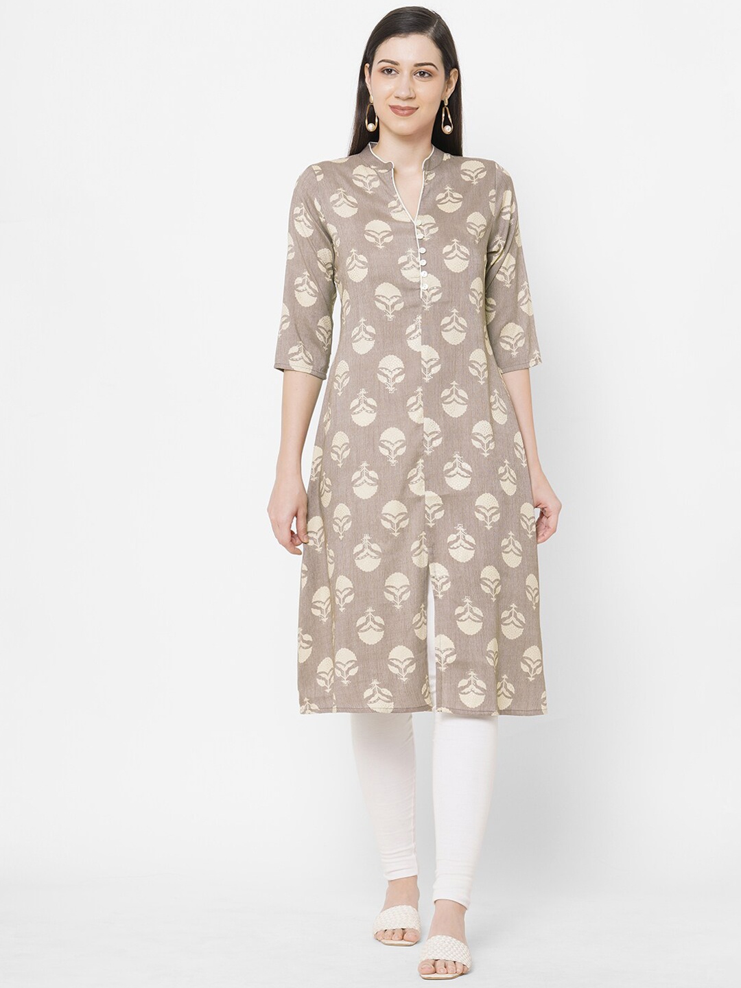 

Fusion Beats Women Grey & Cream-Coloured Ethnic Motifs Printed Kurta