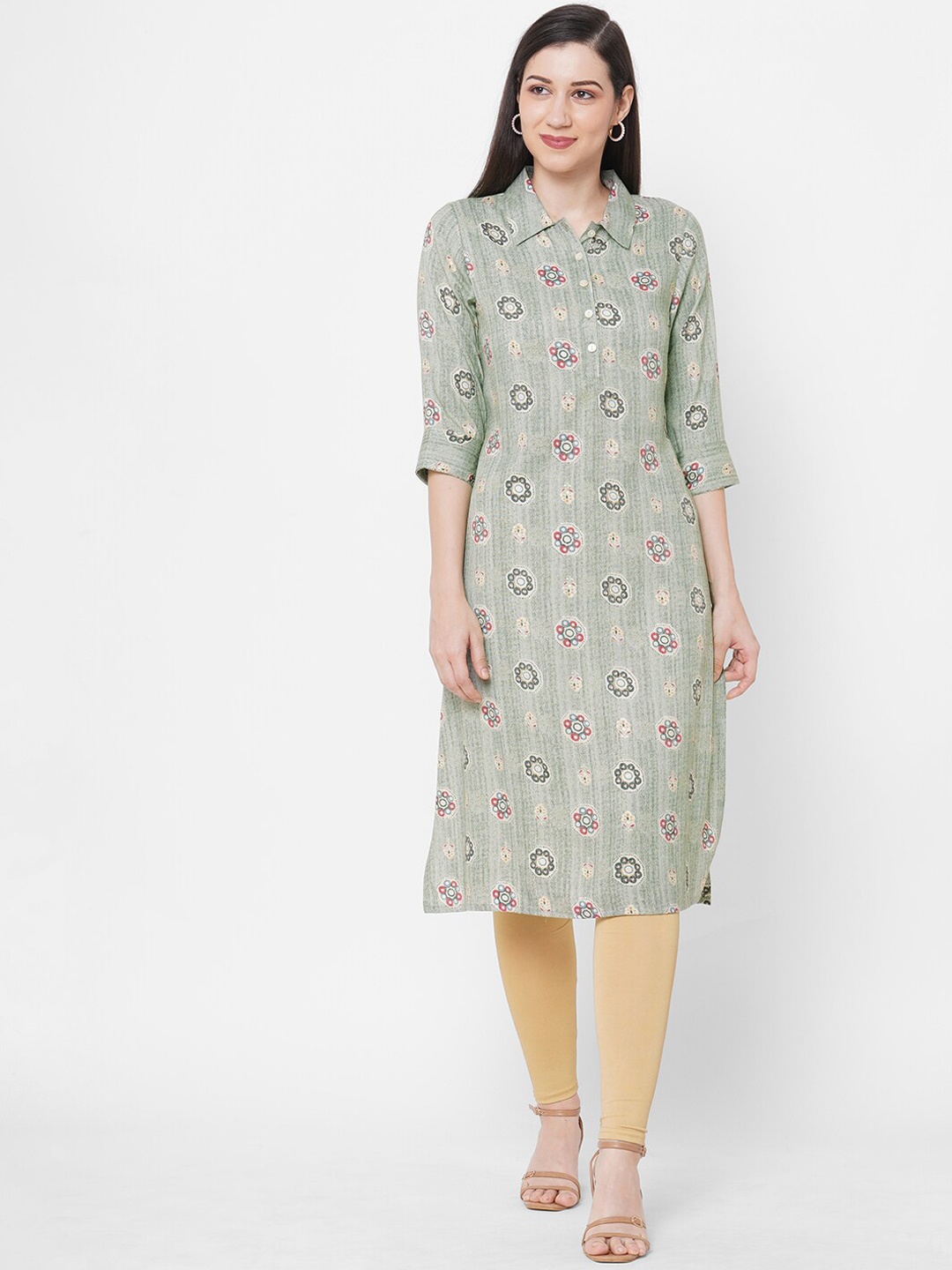 

Fusion Beats Women Green & Beige Ethnic Motifs Printed Kurta