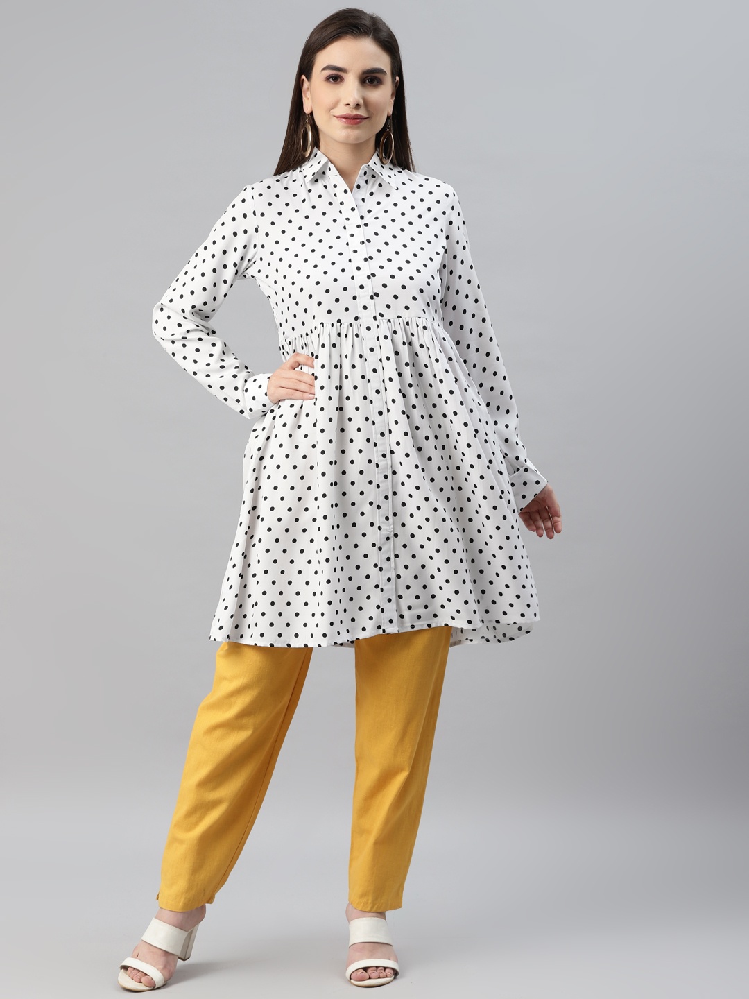 MBE Women White & Black Shirt Collar Polka Dots Printed Tunic