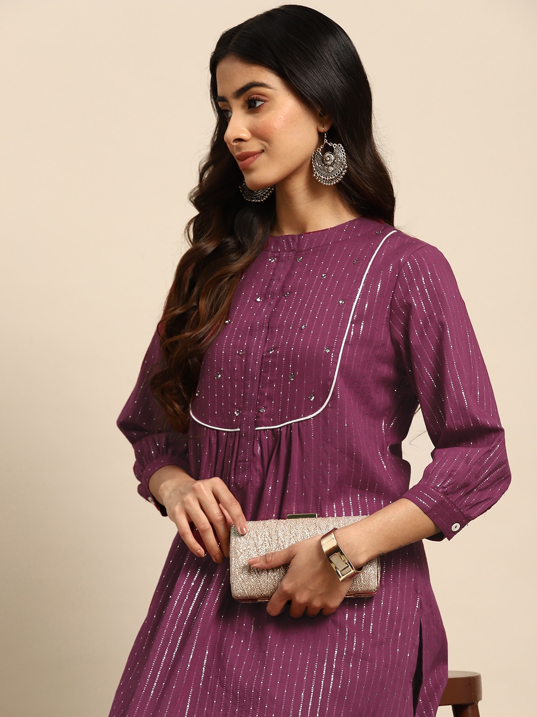 

all about you Striped Pleated Sequinned Pure Cotton Kurta with Trousers, Burgundy