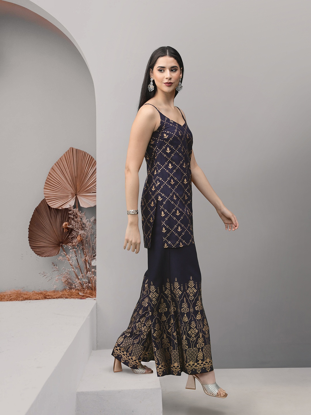 

all about you Foil Printed Regular Kurta with Palazzos, Navy blue
