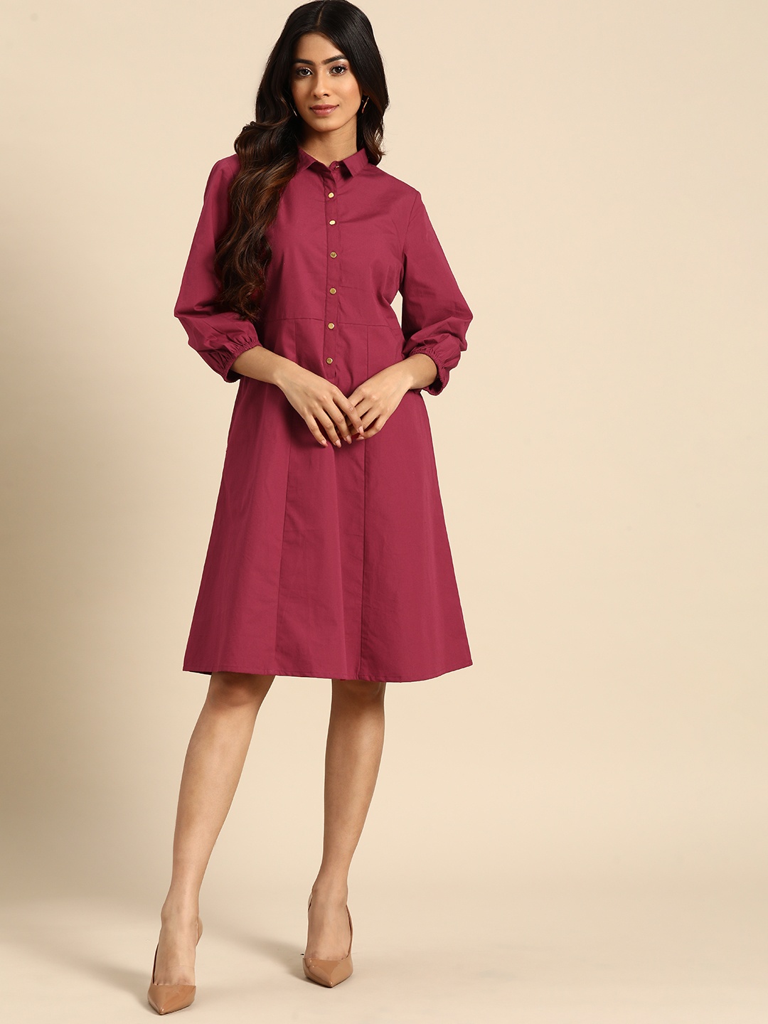 

all about you Three-Quarter Puff Sleeves Pure Cotton Shirt Dress, Magenta