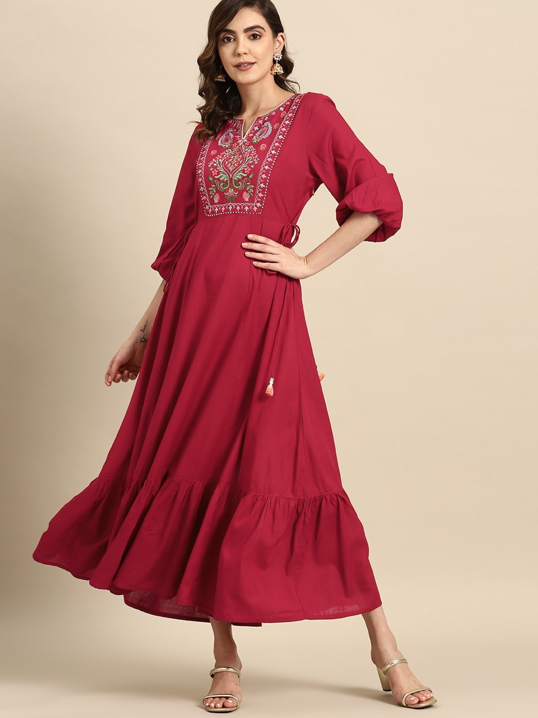 

all about you Yoke Embroidered Tiered Maxi Ethnic Dress, Maroon
