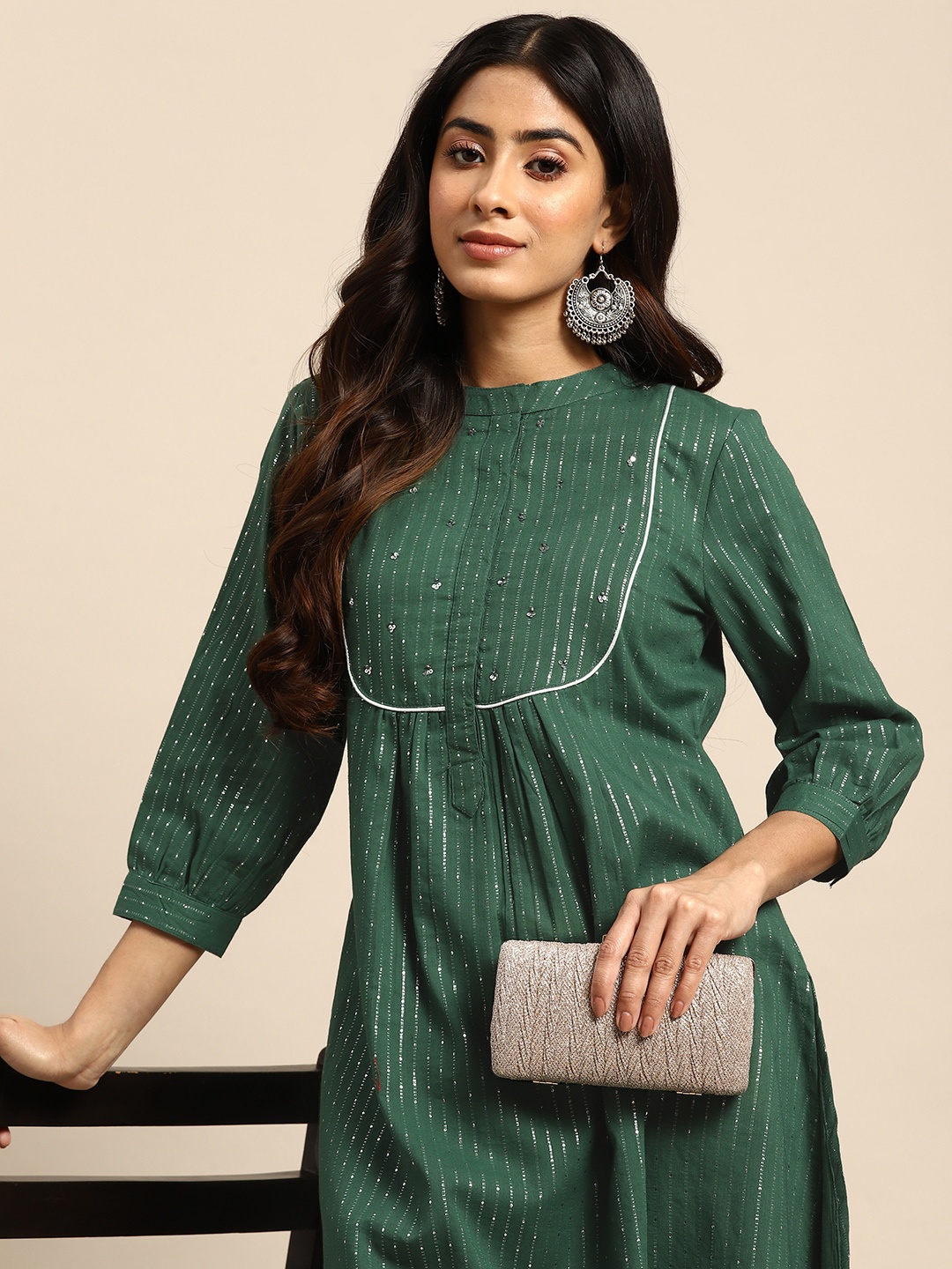 

all about you Striped Pleated Sequinned Pure Cotton Kurta with Trousers, Green