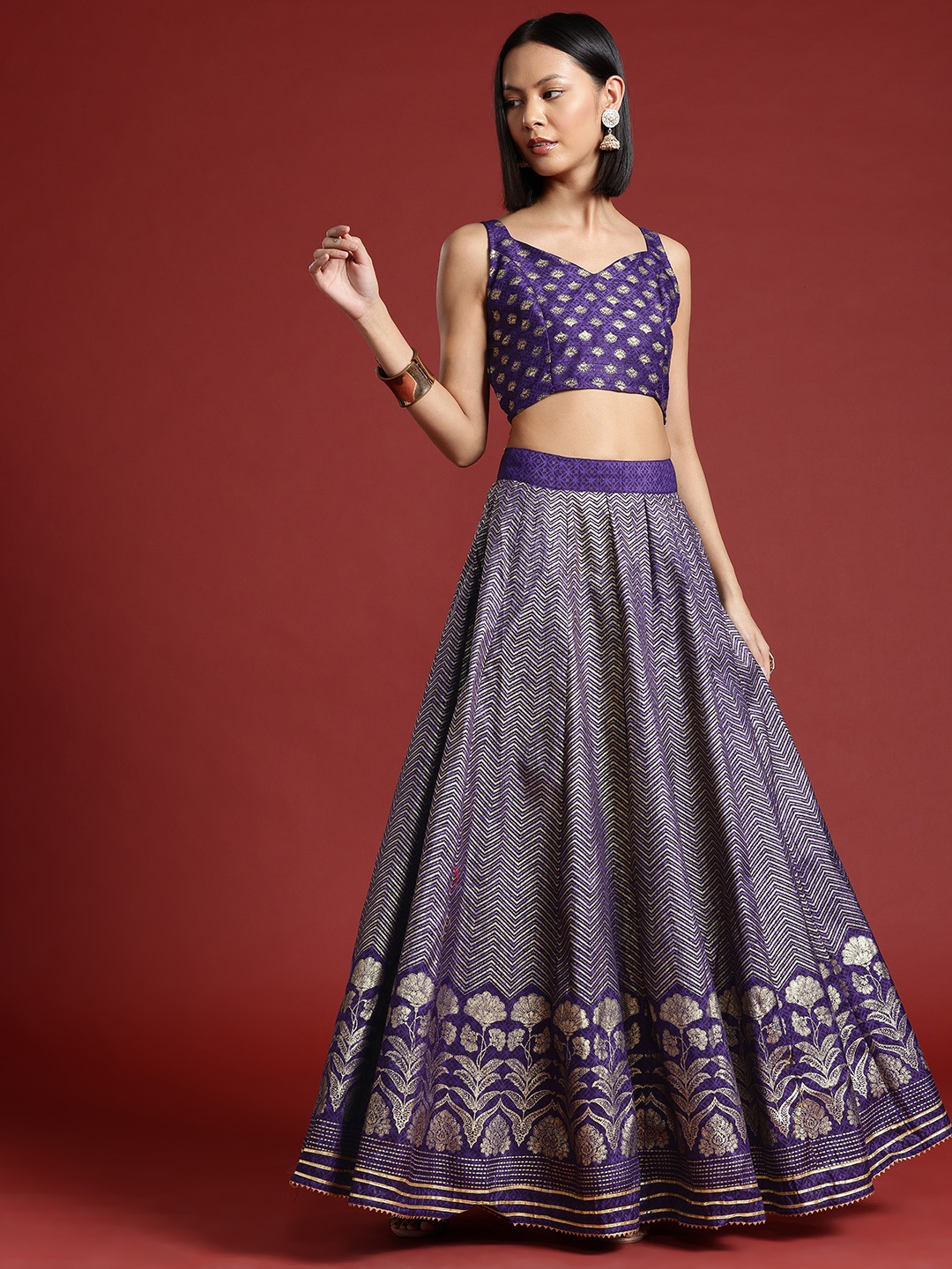 

all about you Gotta-Patti Detailed Ethnic Printed Ready to Wear Lehenga & Choli Set, Purple