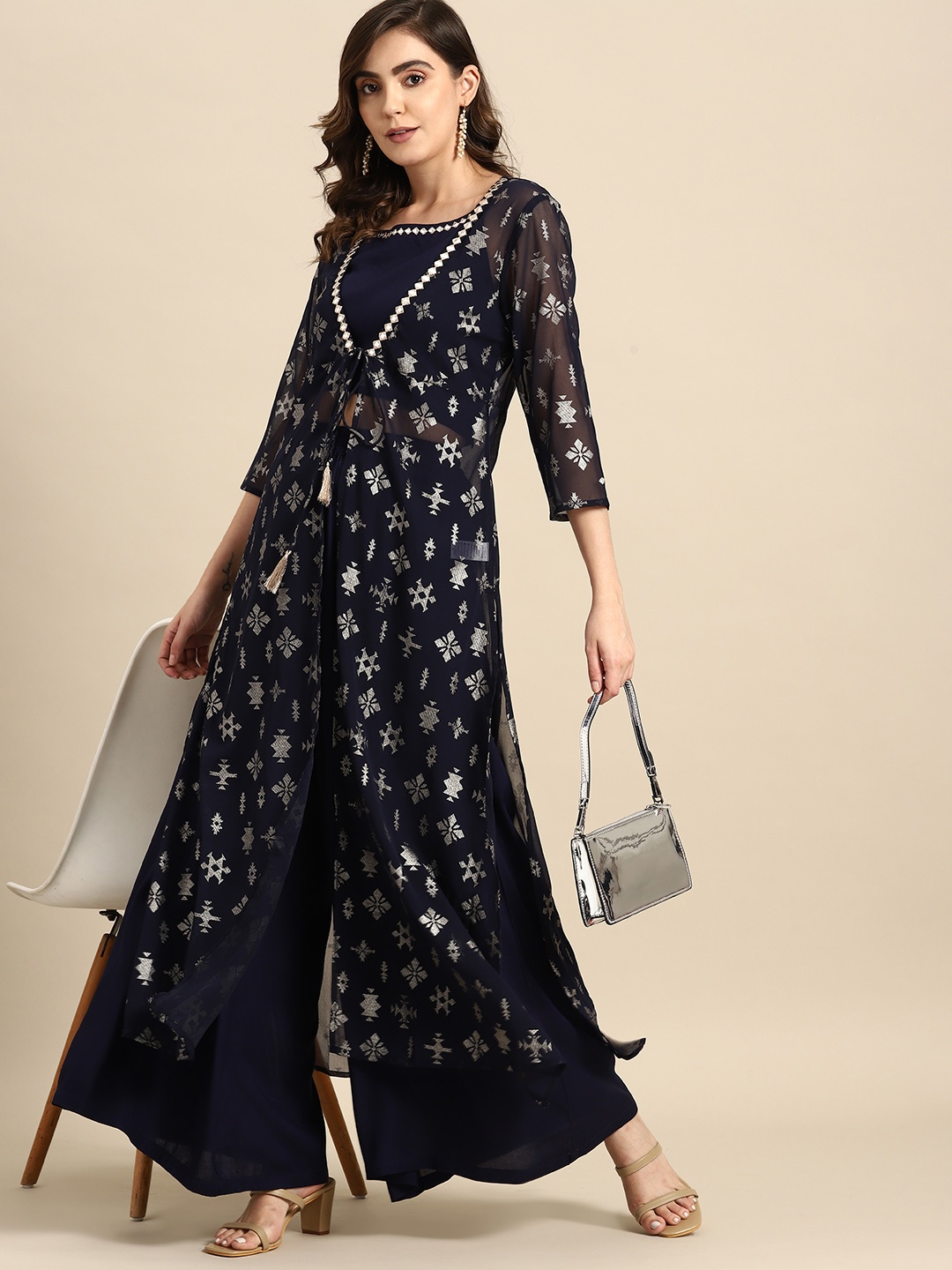 

all about you Women Solid Ethnic Co-Ords with Jacket, Navy blue