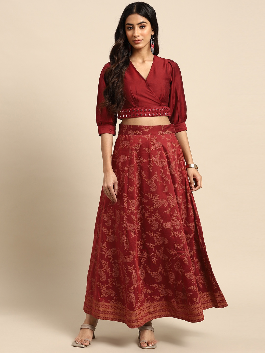 

all about you Mirror-Work Ready to Wear Fusion Lehenga Choli, Maroon