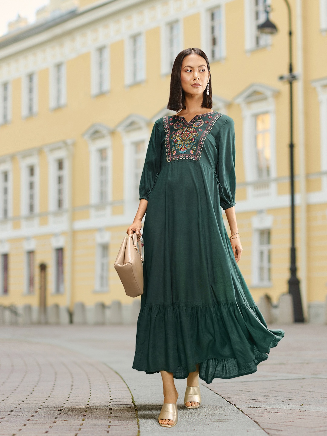 all about you Ethnic Motifs Yoke Design Embroidered Maxi Dress, Green