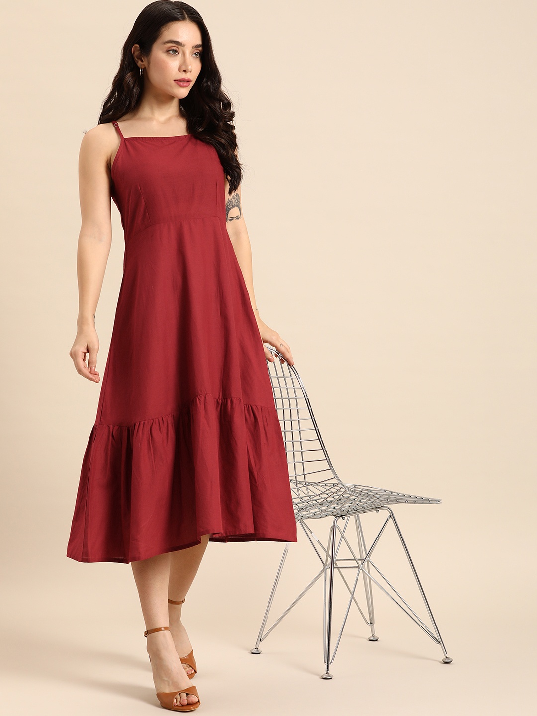 

all about you Solid Shoulder Straps A-Line Midi Dress, Rust