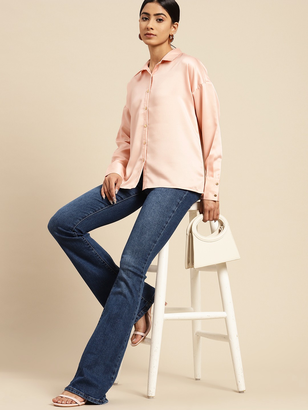 

all about you Satin Finish Drop-Shoulder Sleeves Casual Shirt, Peach