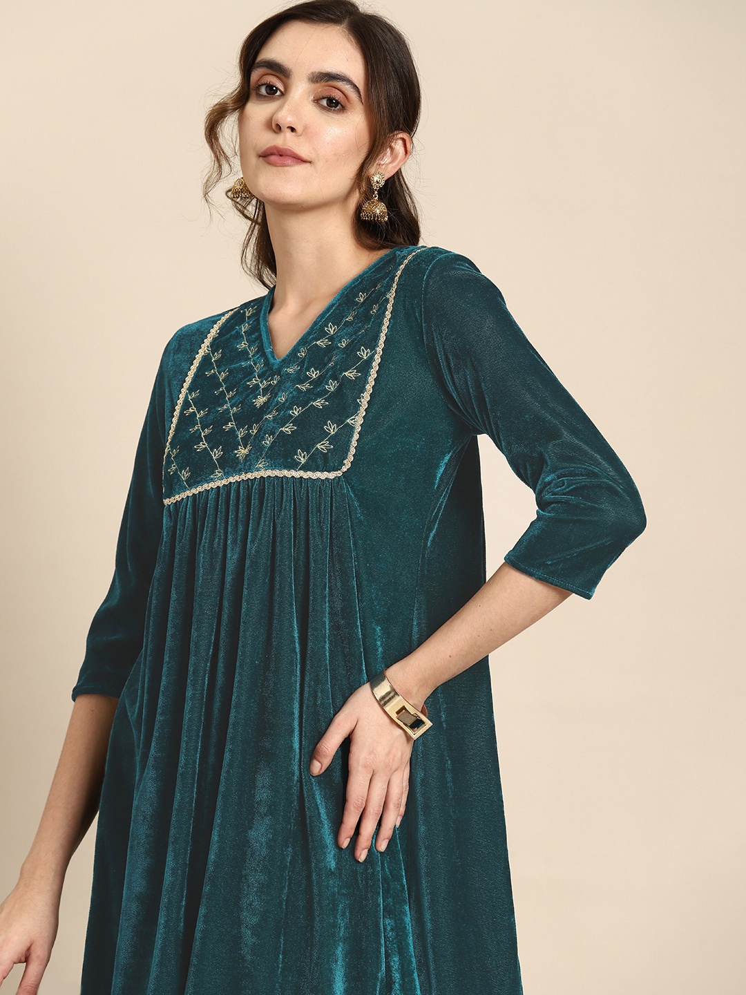 

all about you Velvet Finish Yoke Design Ethnic A-Line Dress, Teal