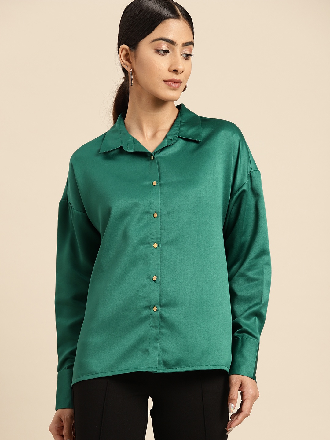 

all about you Satin Finish Drop-Shoulder Sleeves Casual Shirt, Green