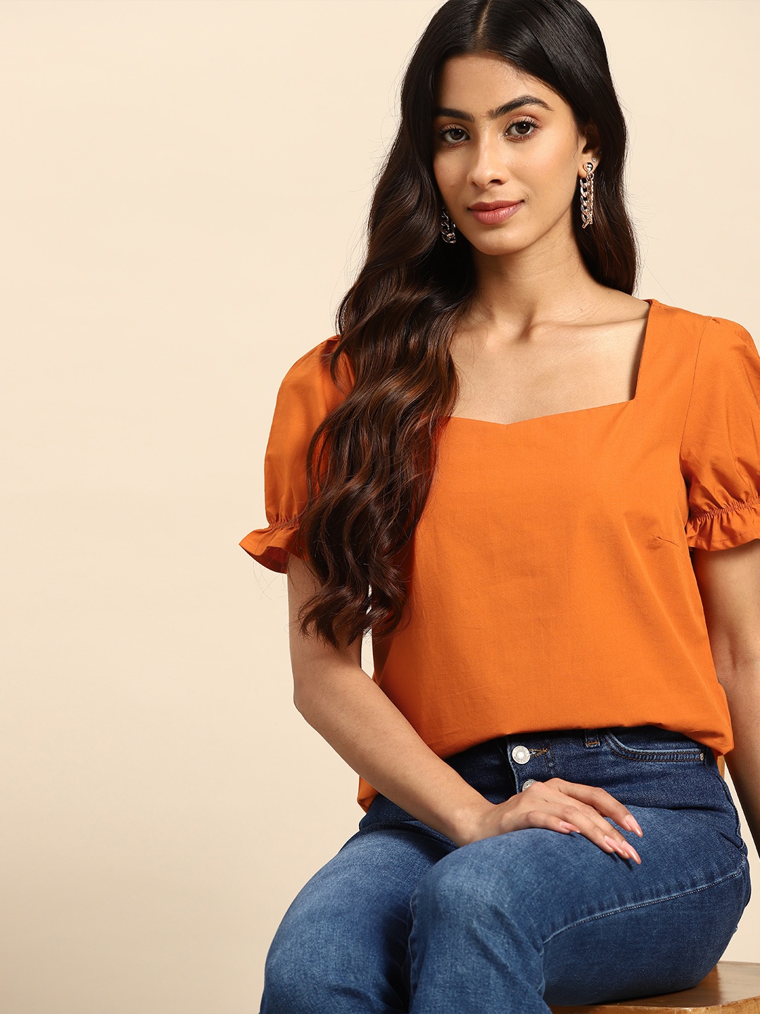 

all about you Sweetheart Neck Pure Cotton Top, Orange
