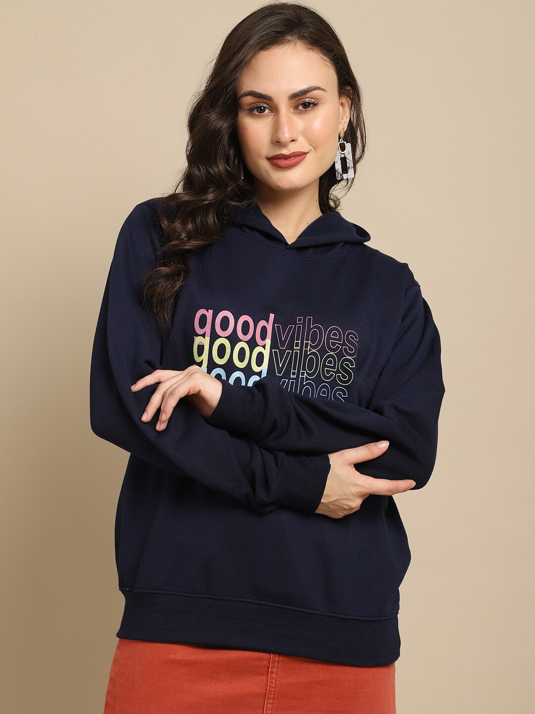 

Obaan Women Navy Blue Printed Hooded Sweatshirt