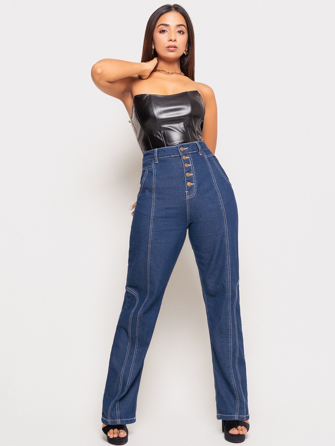 

FREAKINS Women Blue Straight Fit Pure Cotton High-Rise Jeans