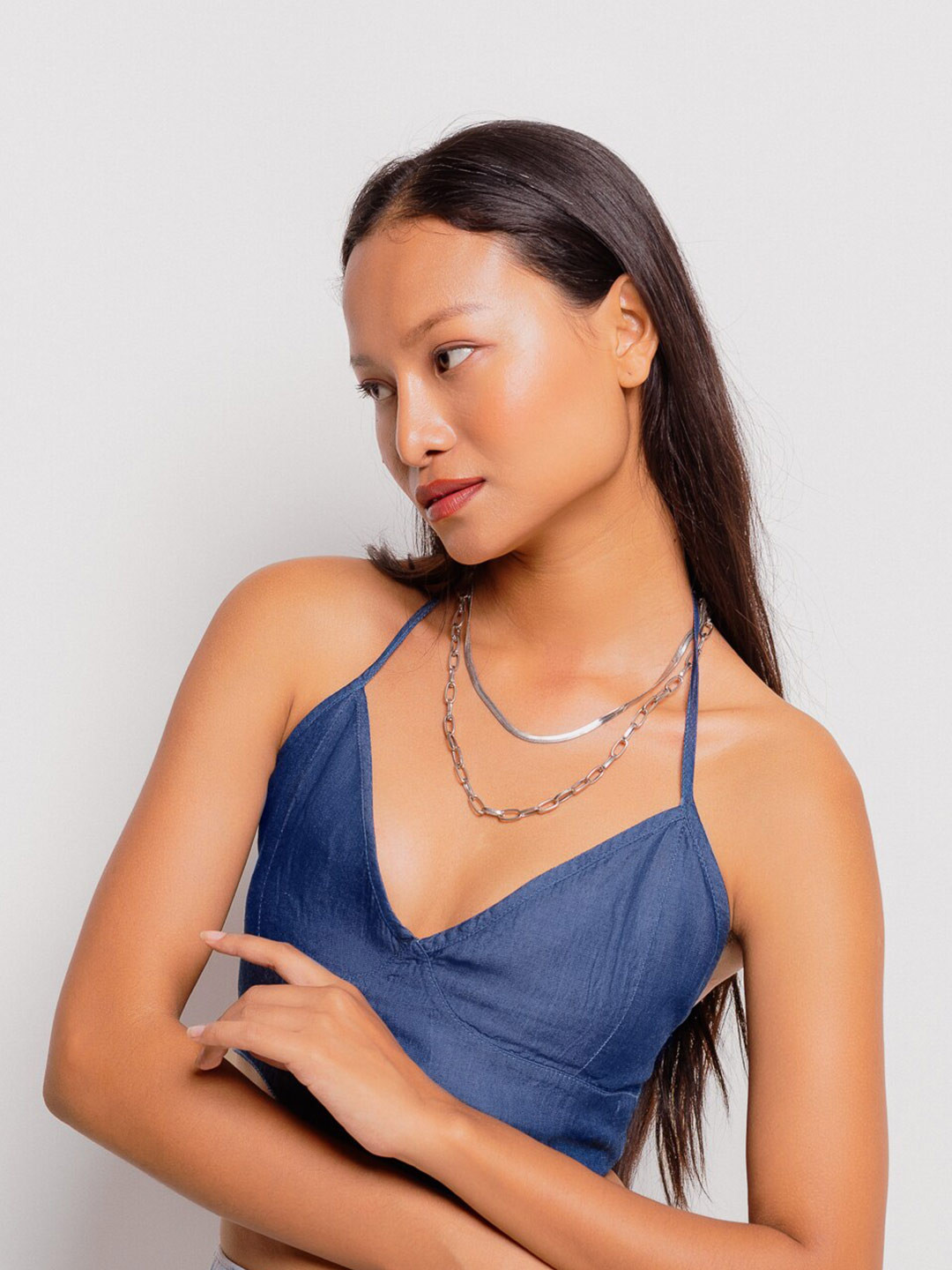 

FREAKINS Blue Halter Neck Pure Cotton Denim Styled Back Crop Top
