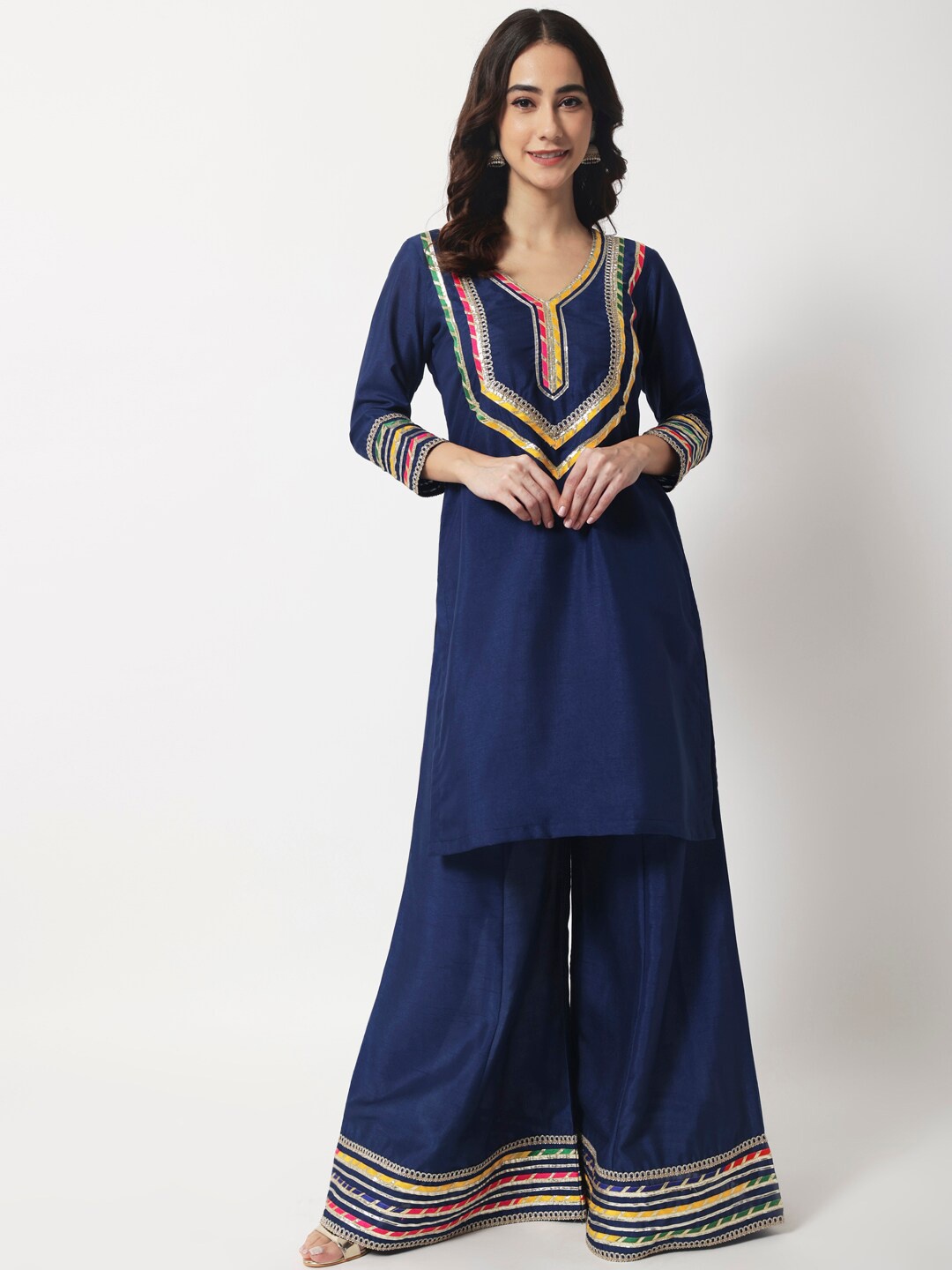 

anokherang Women Navy Blue Embroidered Gotta Patti Kurta with Sharara